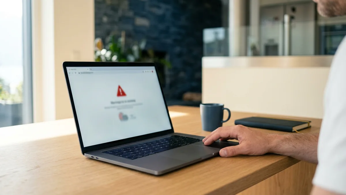 Laptop mit unscharfer Warnseite im Browser als Symbol für gesperrte Online-Casinos in der Schweiz