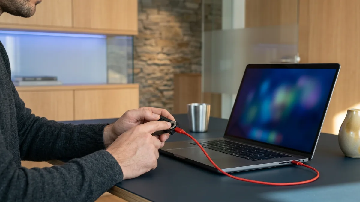 Hände halten eine Krypto-Hardware-Wallet neben einem Laptop als Symbol für Krypto-Casinos und Schweizer Recht