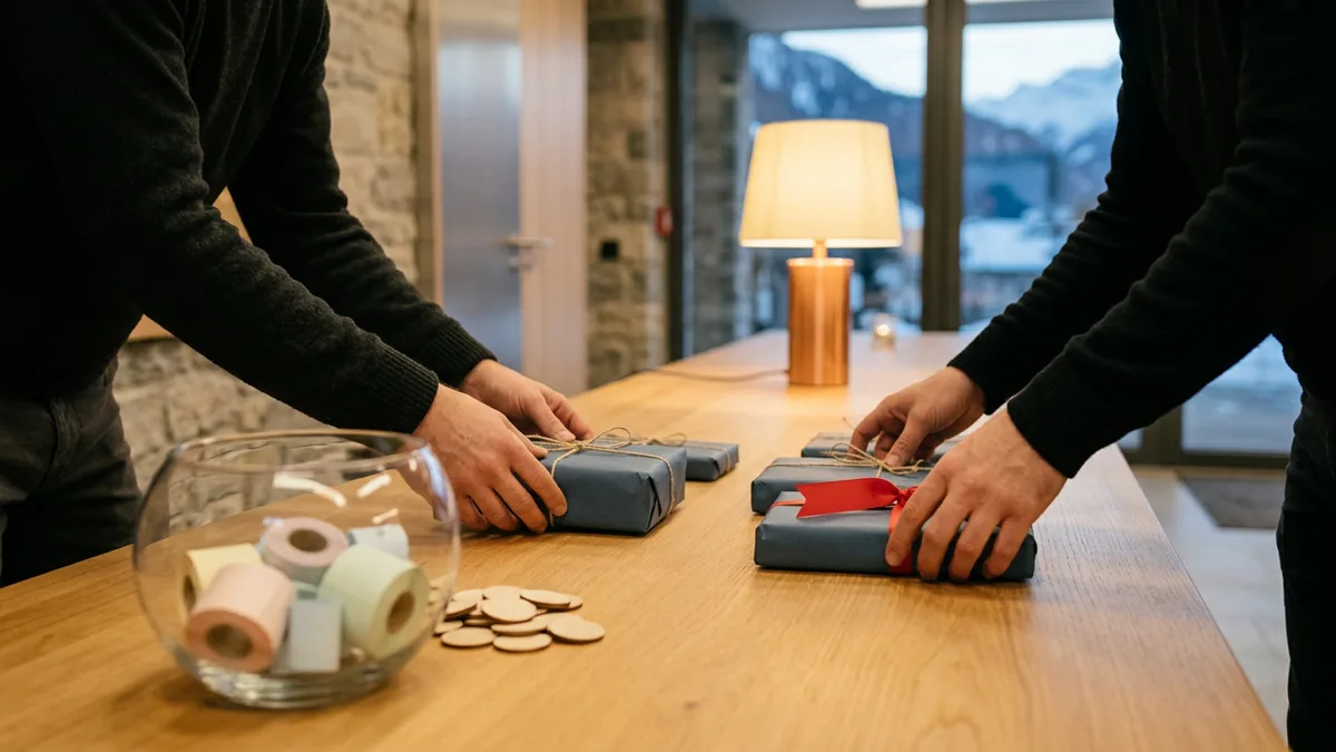 Hände legen Sachpreise für eine Tombola auf einen Tisch im Vereinssaal neben einer Losschale