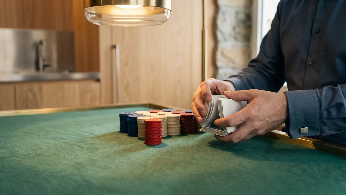 Hände mischen Spielkarten über einem grünen Pokertisch mit Chips bei einem privaten Turnierabend