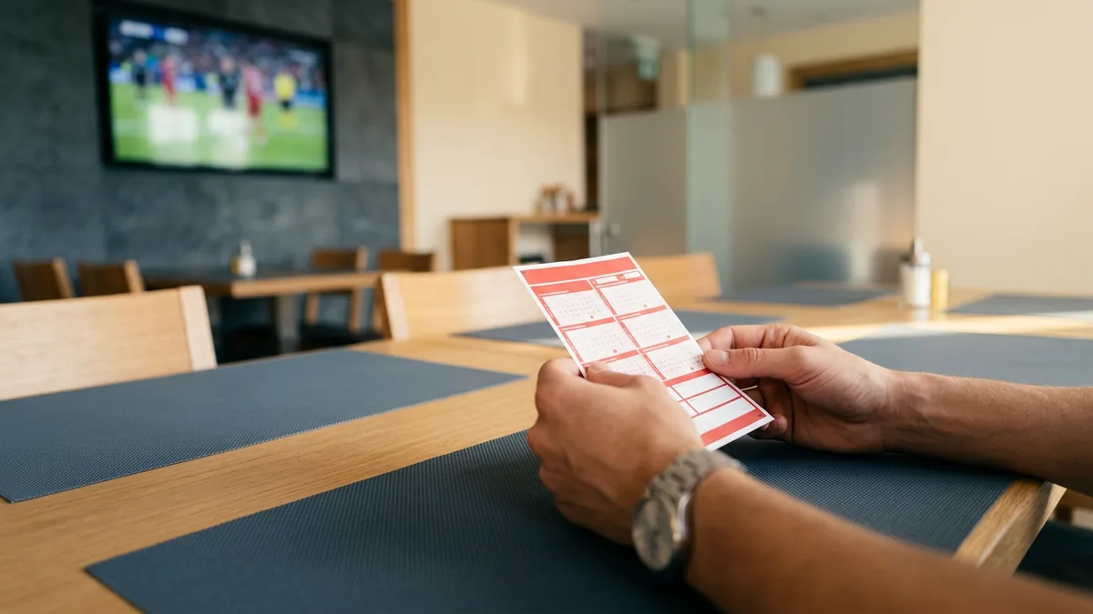 Hände halten einen Wettschein vor einem unscharfen Fussballspiel als Symbol für Steuern auf Sportwetten-Gewinne